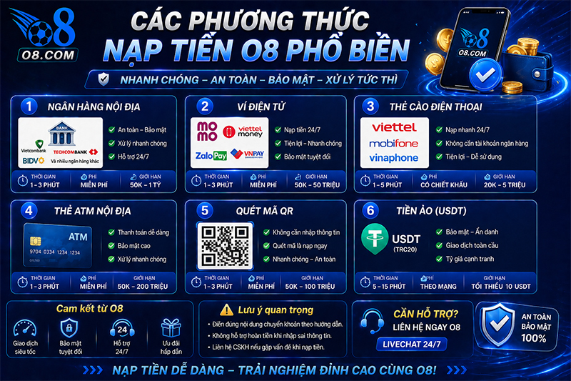Các phương thức nạp tiền O8 phổ biến